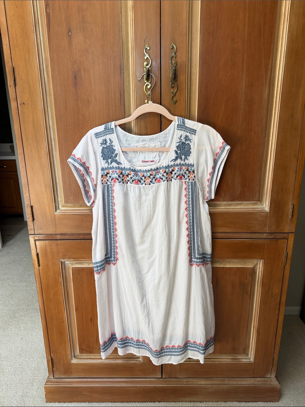 Johnny Was Ivory Mini Dress with Blue and Coral Embroidery